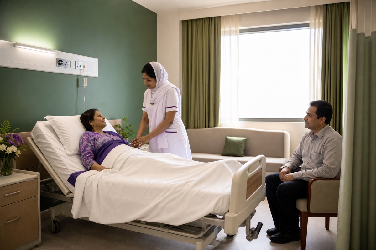 A nurse, patient and family member in a clean clinic cabin