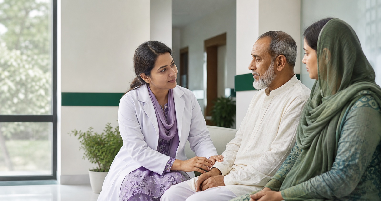 A Bangladeshi doctor speaking calmly with an older patient and his family
